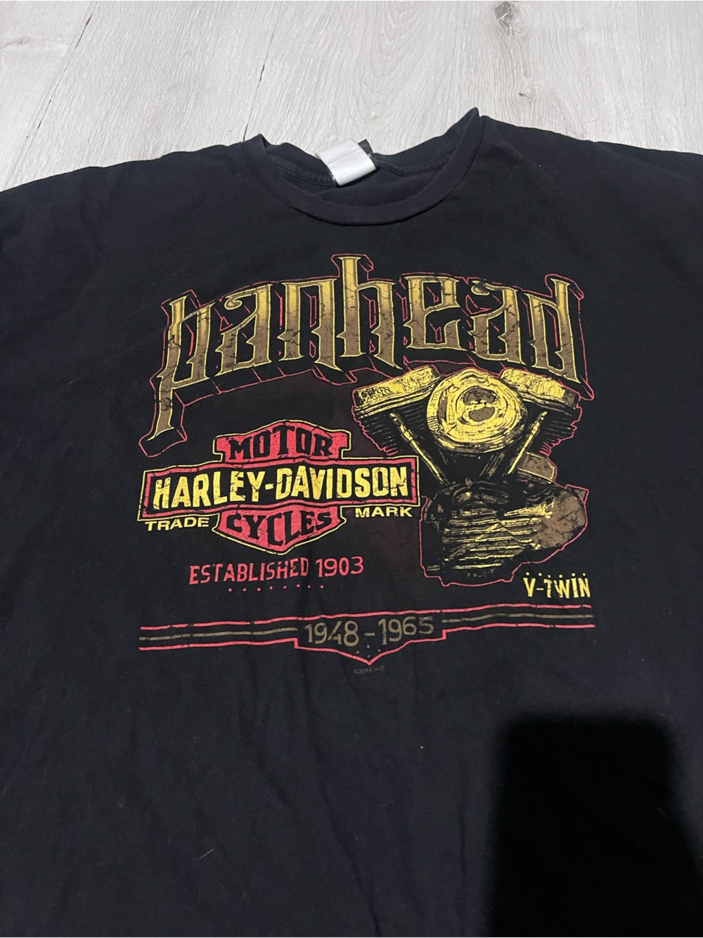 Vintage Harley-Davidson Black Tee with Gold and Red Engine Graphic